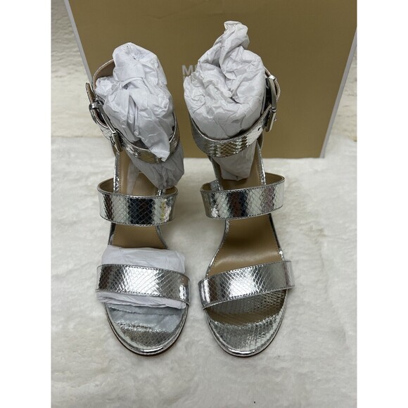 Michael Kors Women's Amal Metallic Snake Embossed Leather Sandal Silver, US 8 M - Picture 6 of 11